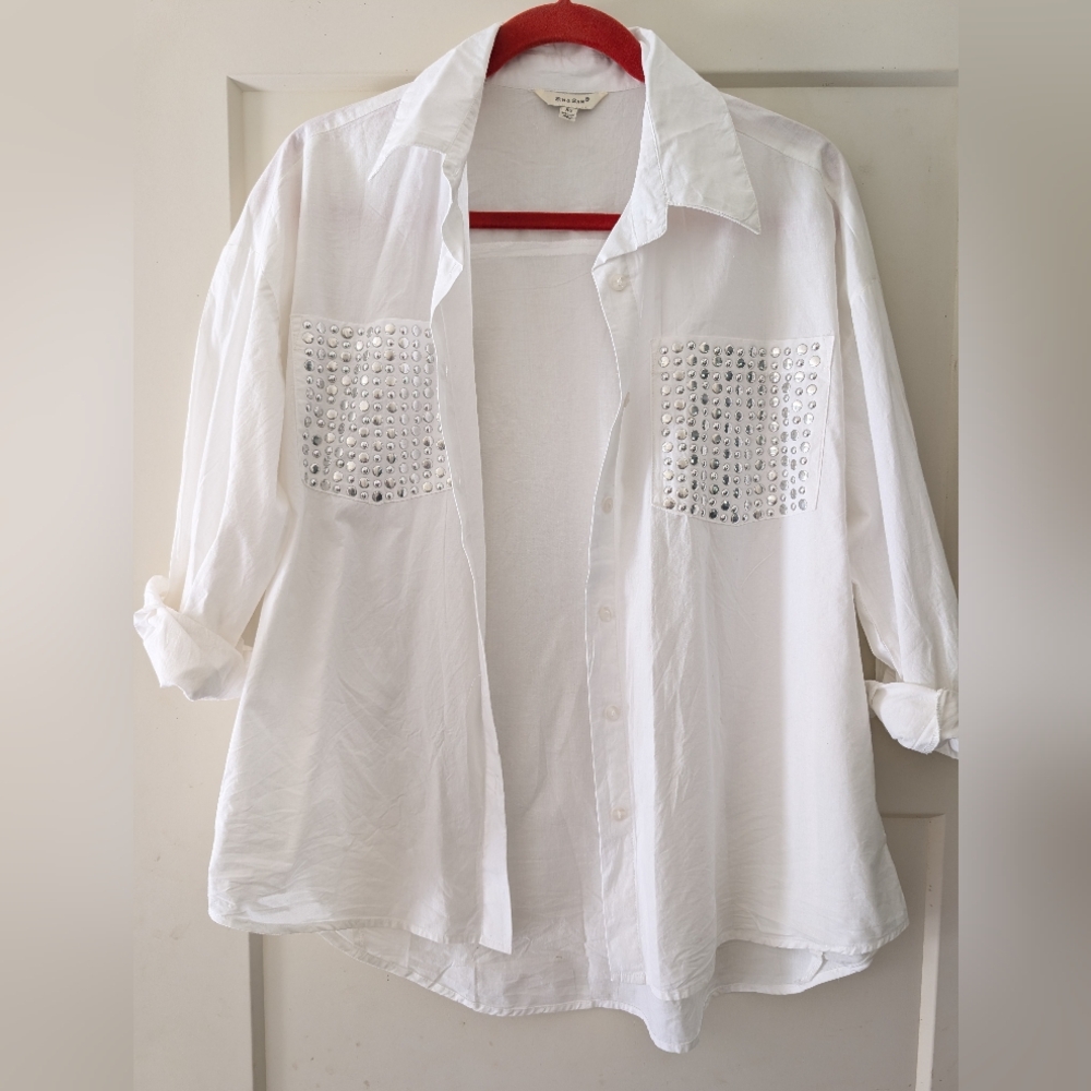 Embellished White Button-Up Shirt - Women's
